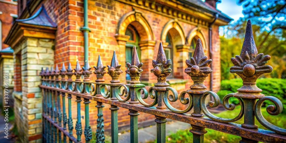 Fototapeta premium Old House Front Fence: Brickwork & Ornate Iron Detail - Vintage Architectural Stock Photo