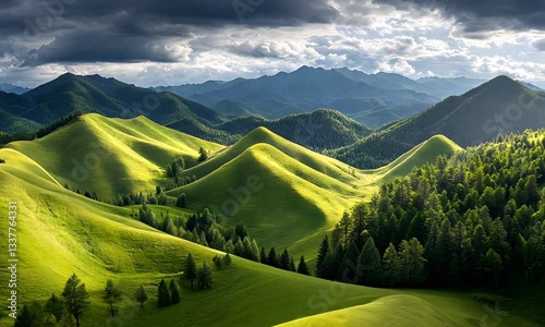 Serene and peaceful nature scene with endless rolling green fields and hills