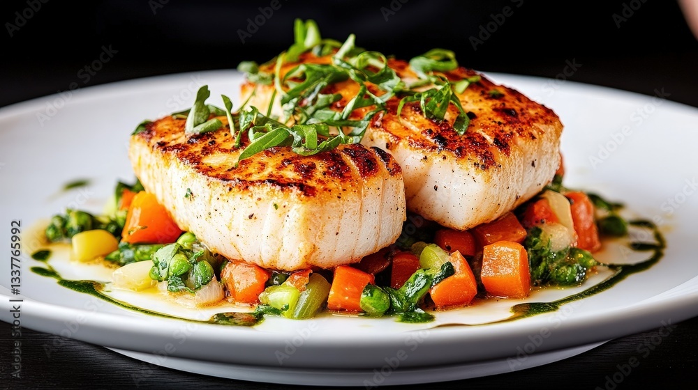 Delectable crab meat arranged beautifully on a bed of vibrant, fresh seasonal vegetables garnished Delectable crab meat arranged beautifully on a bed of vibrant, fresh seasonal vegetables garnished