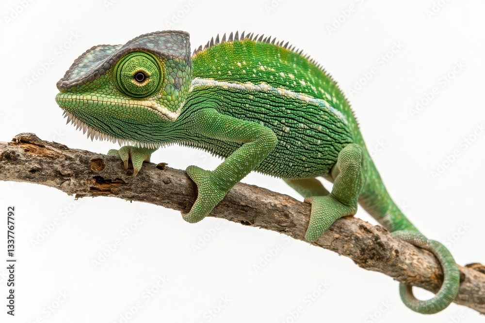 Vibrant green chameleon perched on a branch, showcasing its textured skin. Vibrant green chameleon perched on a branch, showcasing its textured skin.