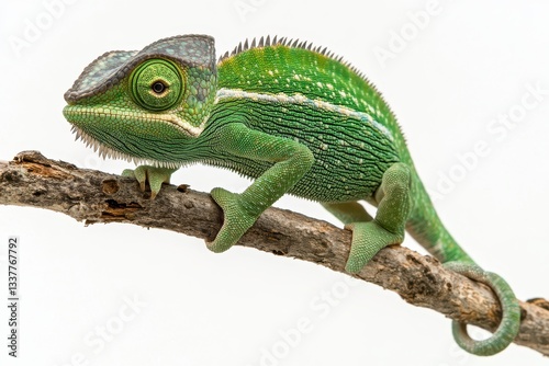 Vibrant green chameleon perched on a branch, showcasing its textured skin.