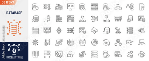 Database line icon set. Editable stroke. Containing as System, Access, Server, Backup, Relational Database, and more. Vector illustration
