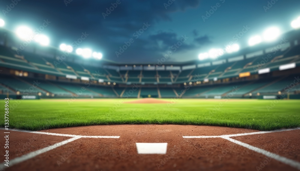 Obraz premium Baseball diamond field with lush green grass under stadium lights. Perfectly aligned pitchers mound ready action. Sport arena seats awaiting fans to enjoy the match game, cheer sport team.
