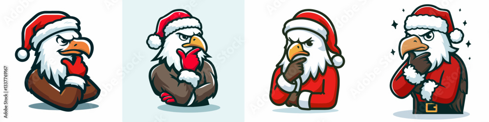 Bald Eagle wearing Santa Claus costumes hand on chin curiously contemplates a simple vector outline drawing. Bald Eagle wearing Santa Claus costumes hand on chin curiously contemplates a simple vector outline drawing.
