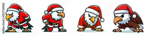 Bald Eagle wearing Santa Claus costumes gives a thumbs down minimalist vector graphic showing disapproval of Christmas.