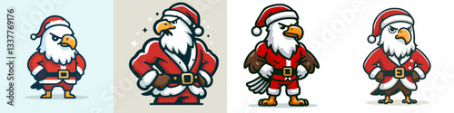 Bald Eagle wearing Santa Claus costumes hands on hips a simple vector graphic depicts majestic winter spirit.