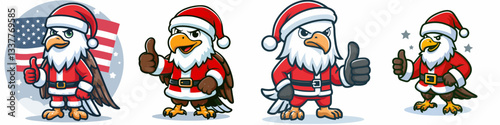 Bald Eagle wearing Santa Claus costumes thumbs up a simple vector graphic showing festive American pride