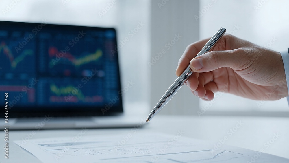 Close-up of a silver pen held over a financial report with stock market data displayed on a laptop screen in the background. Close-up of a silver pen held over a financial report with stock market data displayed on a laptop screen in the background.