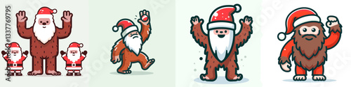 Bigfoot wears Santa Claus costumes hands raised in celebration a joyful winter vector drawing.