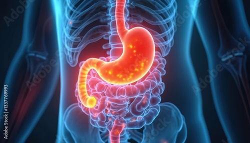 Human body with inflamed stomach, intestines. Gastritis illustration showing pain, nausea, digestive disorder. Health condition, medical diagnosis, gastric inflammation, irritation. Symptom,