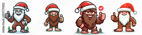 Bigfoot wearing Santa Claus costumes thumbs up a minimalist vector drawing shows festive Sasquatch spirit