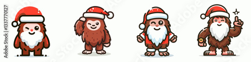Bigfoot wears Santa Claus costumes winking a mischievous grin in a simple vector outline drawing