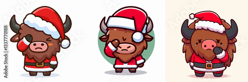 Bison wear Santa Claus costumes facepalm gesture a minimalist vector drawing of grumpy winter buffaloes.