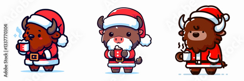 Bison wear Santa Claus costumes holding a cup of hot chocolate vector graphic simple minimalist doodle winter holiday cheer