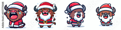 Bison wear Santa Claus costumes laughing with open mouths a simple vector graphic depicts jolly winter spirit