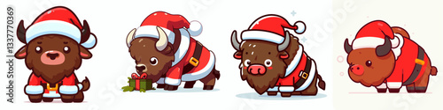 Bison wear Santa Claus costumes leaning forward a minimalist vector graphic depicting jolly winter spirit.