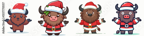 Bison wear Santa Claus costumes shrugging minimalist vector graphic a festive winter scene of woolly beasts.