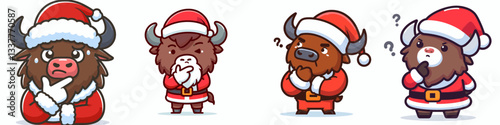 Bison wear Santa Claus costumes tapping chin thinking a minimalist vector graphic of jolly, ruminative buffaloes.