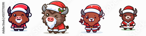 Bison wear Santa Claus costumes winking a simple vector graphic depicting jolly holiday spirit
