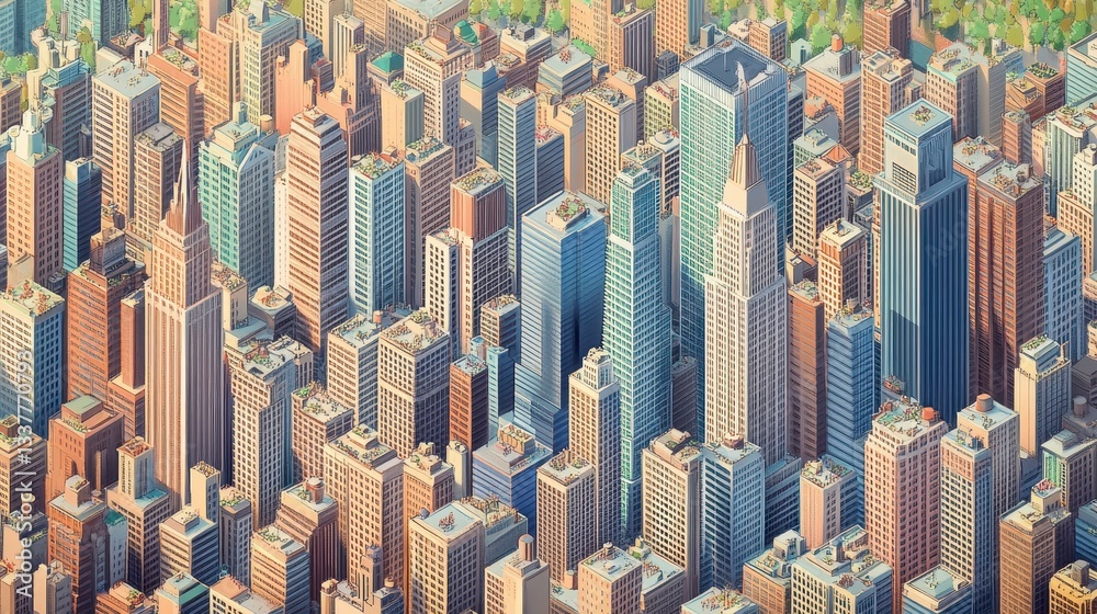 Obraz premium Aerial View of a Dense City Skyline, Illustrative Style