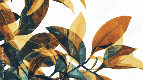 Close-up view of stylized autumn leaves against a white background. The leaves exhibit a variety of colors, predominantly golden yellows, deep browns, and teal greens.  The image has an abstract