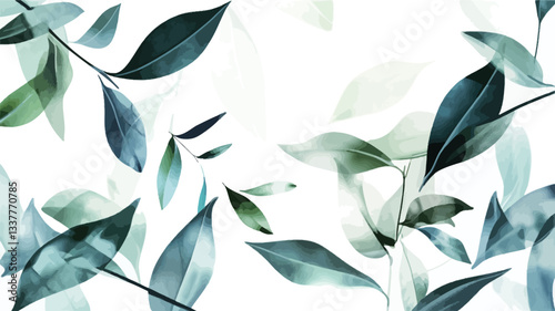 A seamless pattern featuring watercolor-painted leaves in shades of green and teal. The leaves are rendered with soft edges and varying degrees of opacity, creating a delicate and airy feel.  They