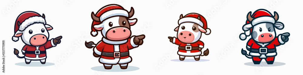 Cow wear Santa Claus costumes pointing forward minimalist vector graphic a jolly bovine holiday scene Cow wear Santa Claus costumes pointing forward minimalist vector graphic a jolly bovine holiday scene