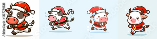 Cow wear Santa Claus costumes running walking a winter wonderland simple vector graphic