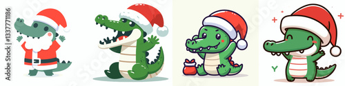 Crocodile wear Santa Claus costumes hands raised in celebration vector graphic simple minimalist doodle depicting festive reptile joy.