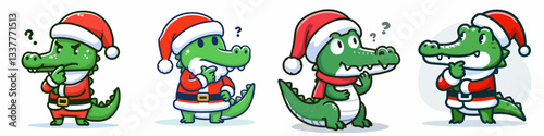 Crocodile wear Santa Claus costumes tapping chin thinking a minimalist vector drawing of festive reptile pondering Christmas plans