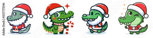 Crocodile wear Santa Claus costumes winking vector graphic simple minimalist doodle illustration of a reptile celebrating Christmas