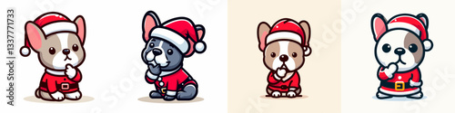 French Bulldog wear Santa outfit Hand on Chin Curious minimalist vector drawing a festive pup pondering Christmas treats