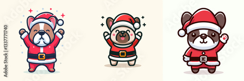 French Bulldog wearing a Santa outfit hands raised in celebration vector graphic a joyful Christmas pup