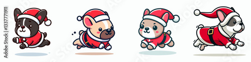 French Bulldog wearing a Santa outfit runs joyfully a simple vector graphic depicting festive canine speed.
