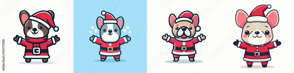 French Bulldog wear santa outfit Standing with arms open doodle a festive winter greeting card graphic French Bulldog wear santa outfit Standing with arms open doodle a festive winter greeting card graphic