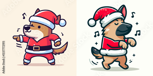 German Shepherd Dog wearing a Santa outfit dances and grooves a festive vector graphic simple minimalist doodle