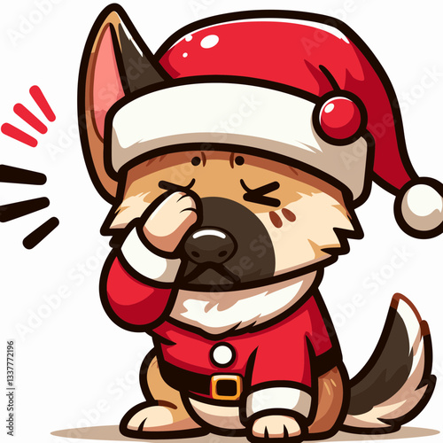 German Shepherd Dog wearing a Santa outfit makes a facepalm gesture a simple vector graphic
