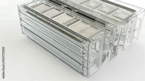 High-angle, close-up shot of several transparent rectangular components stacked on a white background.  The components appear to be made of a translucent material, showcasing internal metallic
