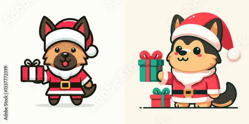 German Shepherd Dog wearing a Santa outfit holds a present a simple vector graphic illustration of festive canine joy