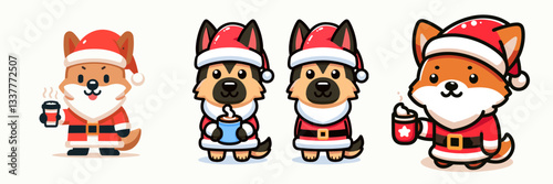 German Shepherd Dog wearing a Santa outfit holding a cup of hot chocolate vector graphic a festive winter scene