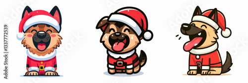 German Shepherd Dog wear Santa outfit Laughing with Mouth Open minimalist vector graphic shows a jolly pup celebrating Christmas
