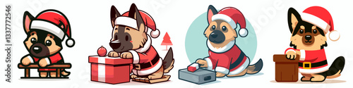 German Shepherd Dog wearing a Santa outfit leans on a simple vector drawing of a Christmas tree a festive canine scene