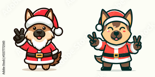German Shepherd Dog wearing a Santa outfit makes a peace sign a simple vector graphic illustration of festive canine cheer