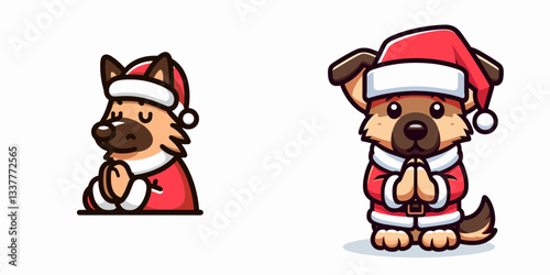 German Shepherd Dog wearing a Santa outfit makes a praying hands gesture a simple vector graphic.