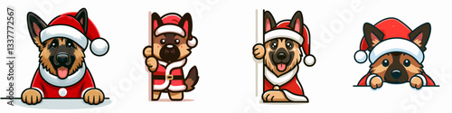 German Shepherd Dog wear Santa outfit Peeking from Behind a minimalist vector drawing of a festive canine