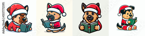 German Shepherd Dog wearing a Santa outfit reads a book a simple vector graphic illustration of a festive canine