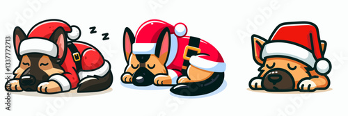 German Shepherd Dog wearing a Santa outfit sleeps peacefully a minimalist vector drawing of a festive canine