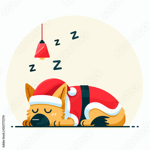German Shepherd Dog wearing a Santa outfit sleeps peacefully a minimalist vector drawing of a festive canine.