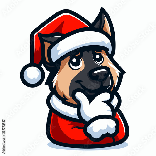 German Shepherd Dog wearing a Santa outfit tapping its chin thoughtfully a minimalist vector graphic