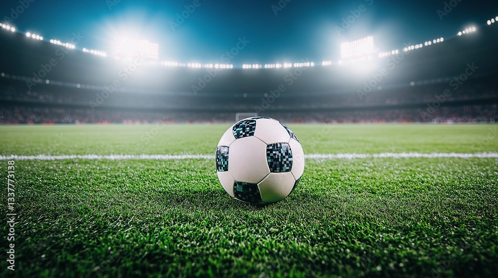 Naklejka premium Soccer Ball Resting on Lush Green Stadium Field in Evening Light